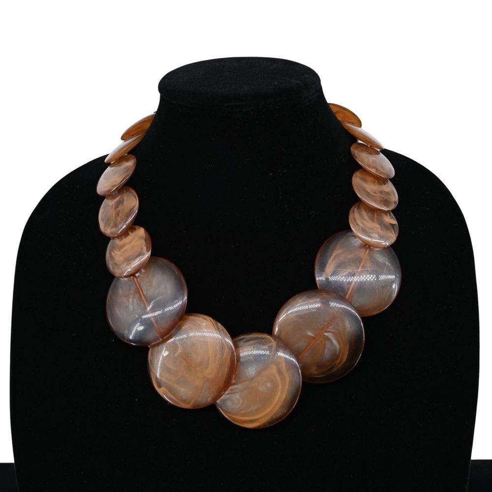 Chunky Brown Marbled Acrylic Disc Statement Necklace Gunmetal Chain Bib Style
